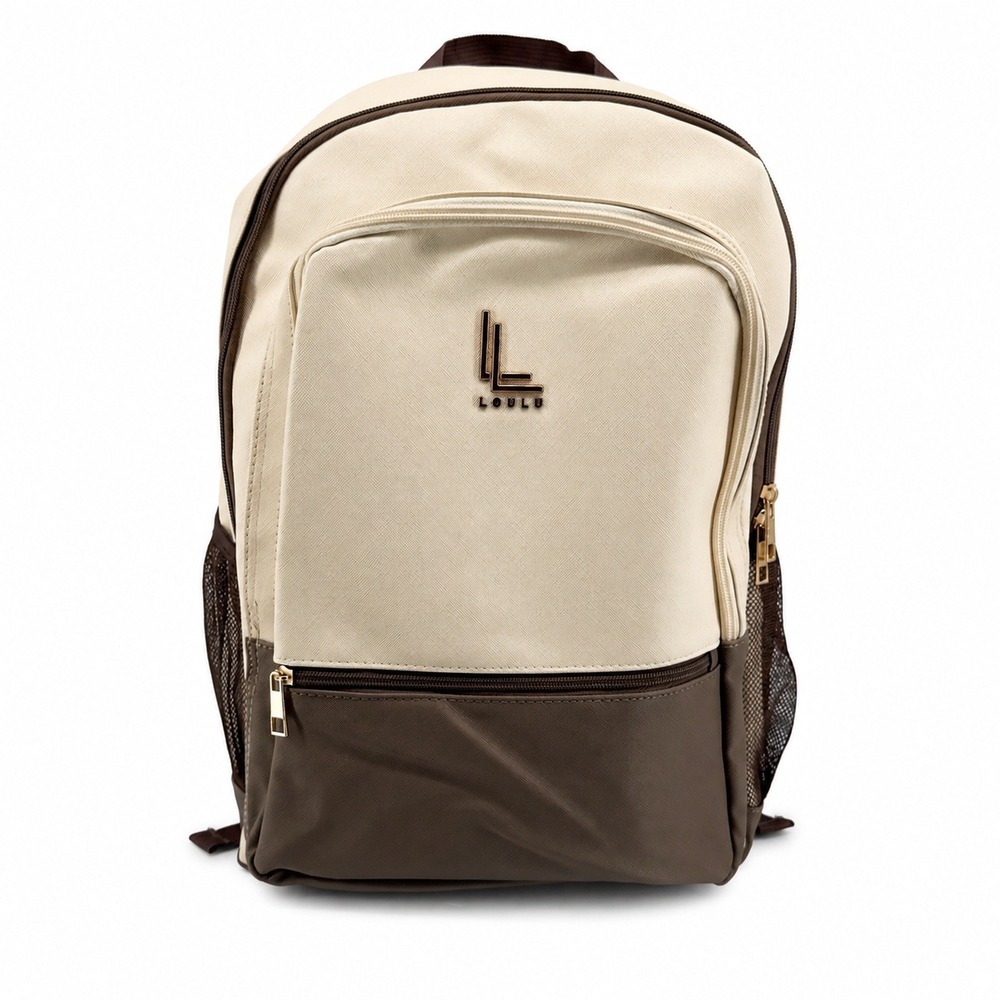 Loulu Cream and Brown Two-Tone Leatherette Backpack Gold Hardware Zippered Bag